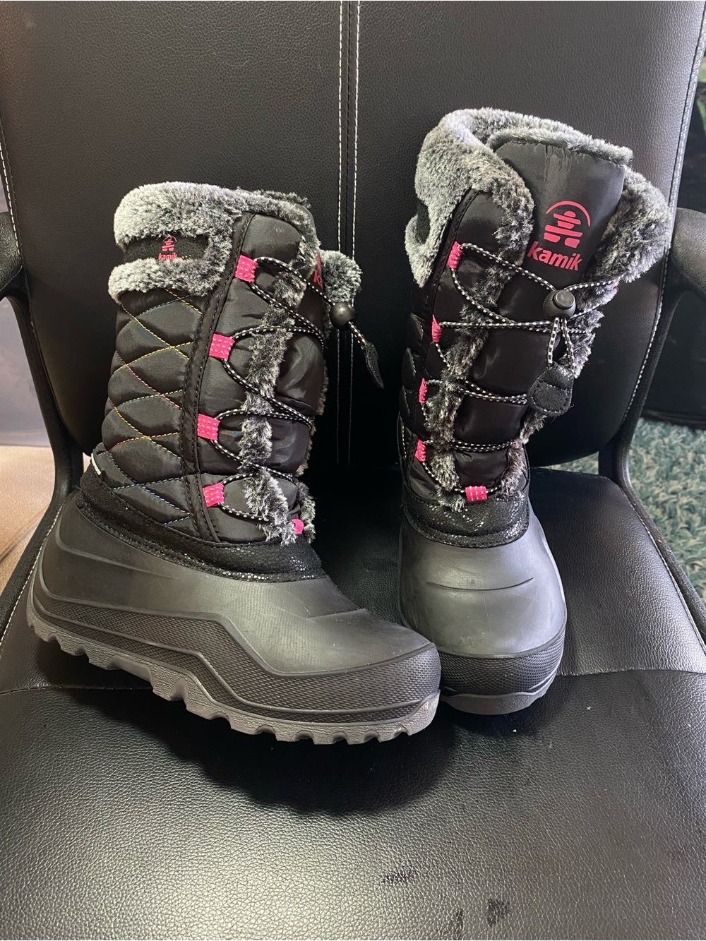 Kamik Kids Black & Pink Winter Snow Boots Waterproof Size 4